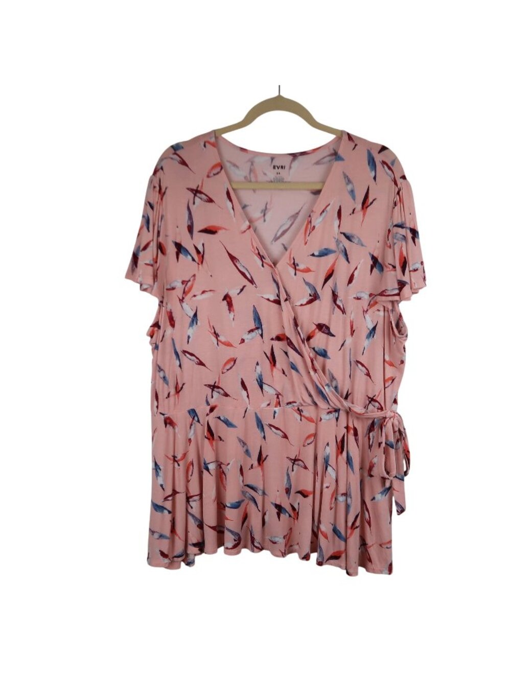 EVRI 2X Pink Faux Wrap Top With Abstract Print Short Sleeves Peplum Babydoll